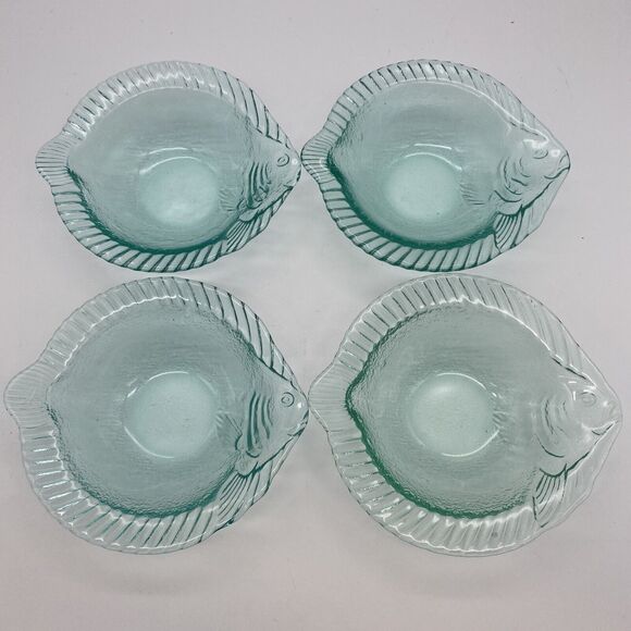 Set Of 4 Frosted Textured Blue See Through Glass Fish Bowls Flounder - Picture 1 of 10